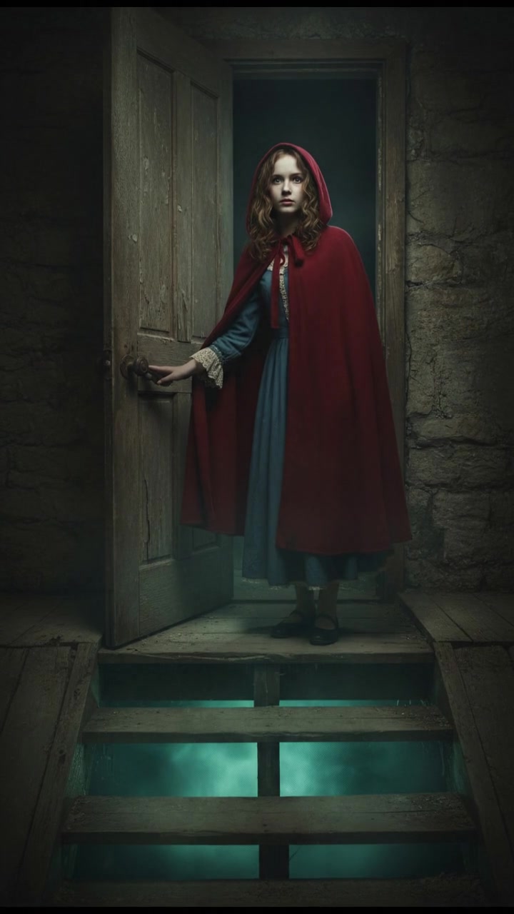 slowly opening a creaking door to a dark basement, eerie glow coming from below