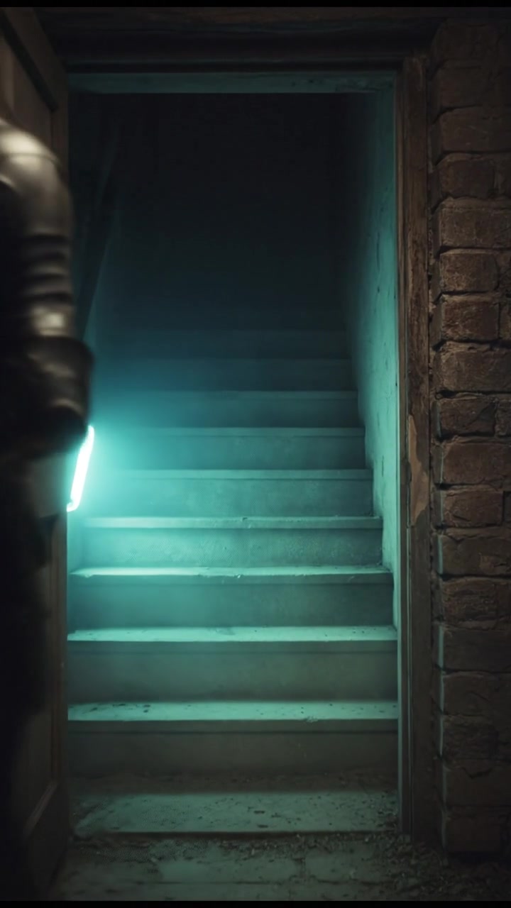 slowly opening a creaking door to a dark basement, eerie glow coming from below