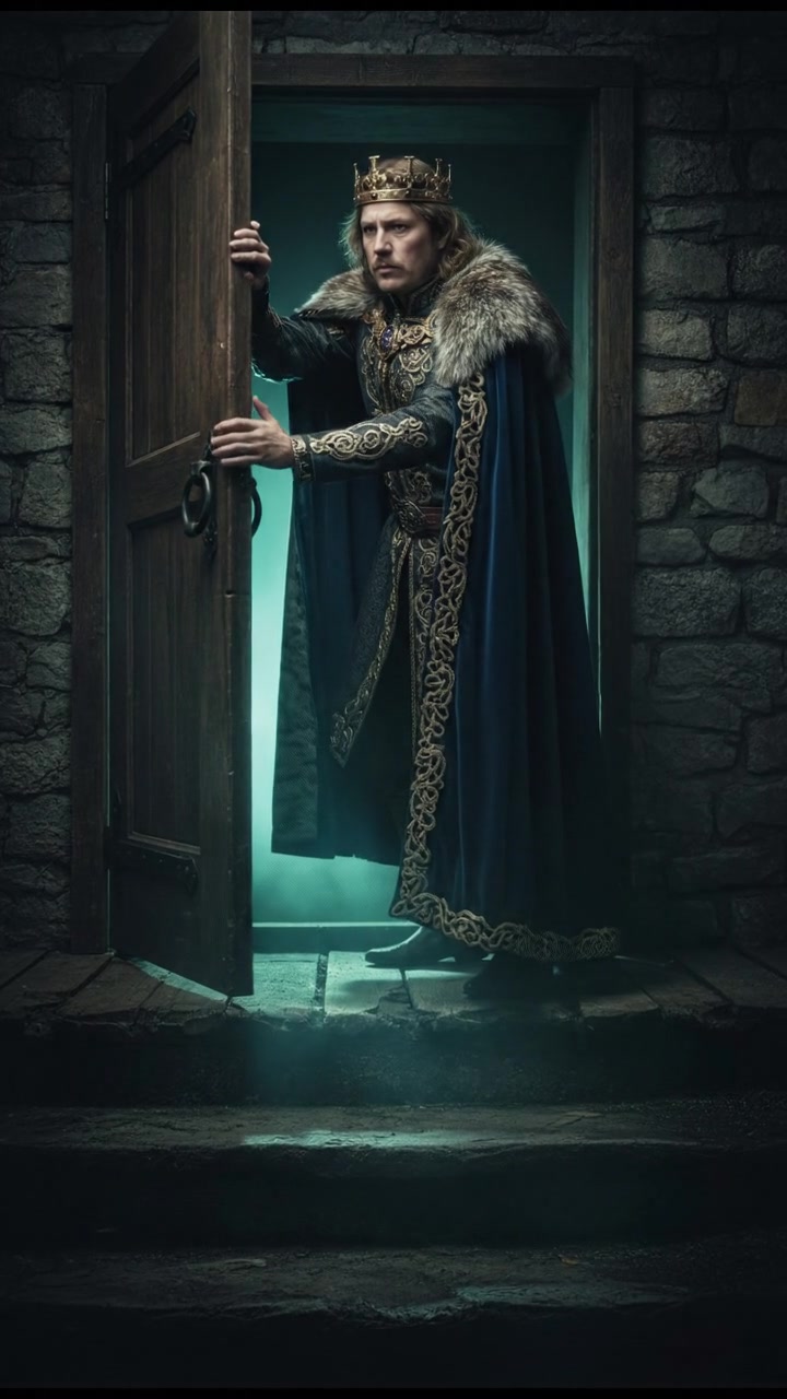 slowly opening a creaking door to a dark basement, eerie glow coming from below