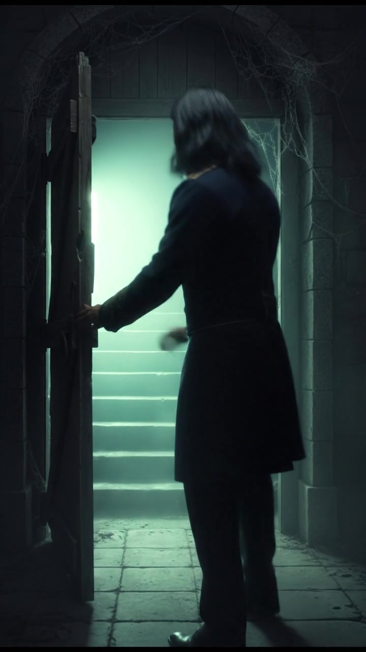 slowly opening a creaking door to a dark basement, eerie glow coming from below