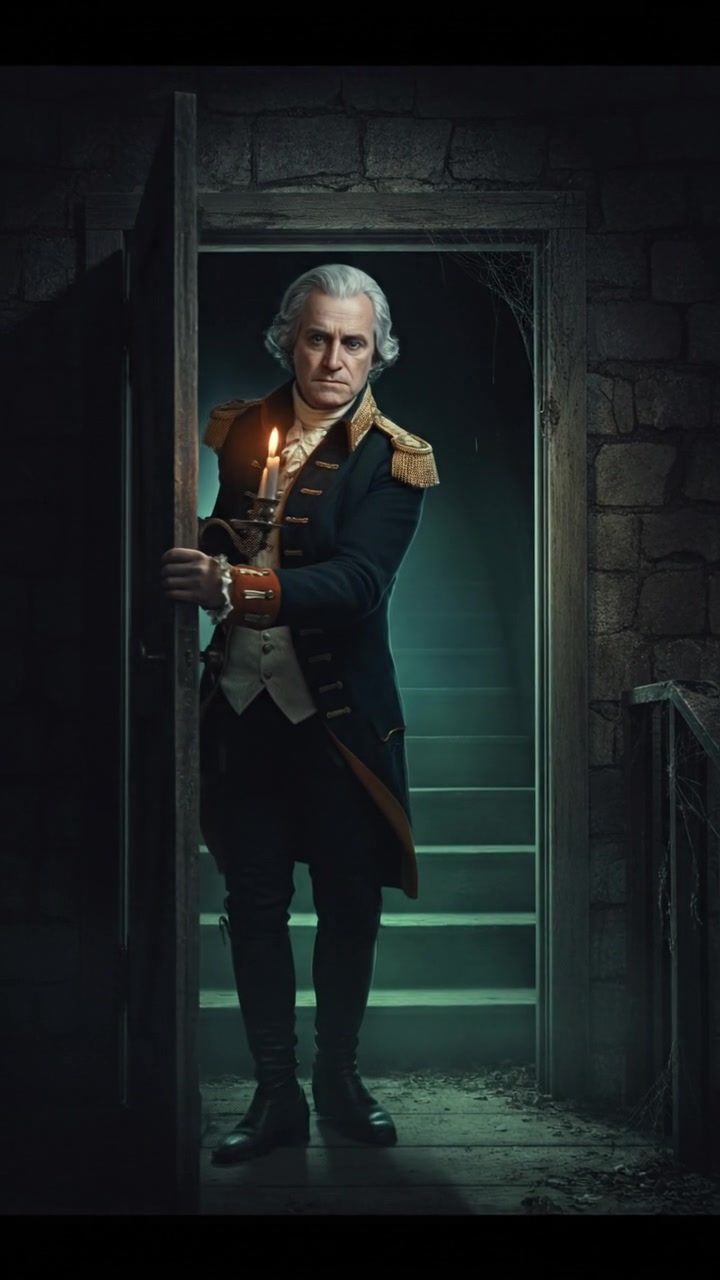 slowly opening a creaking door to a dark basement, eerie glow coming from below