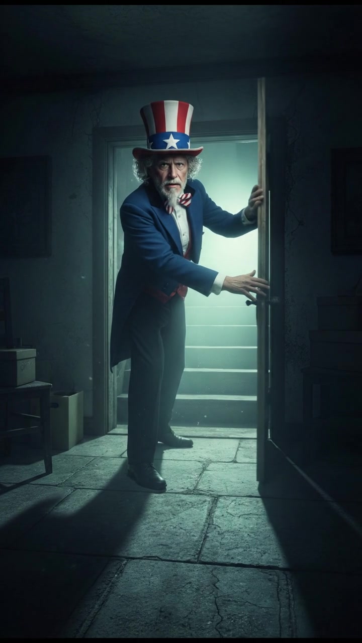 slowly opening a creaking door to a dark basement, eerie glow coming from below