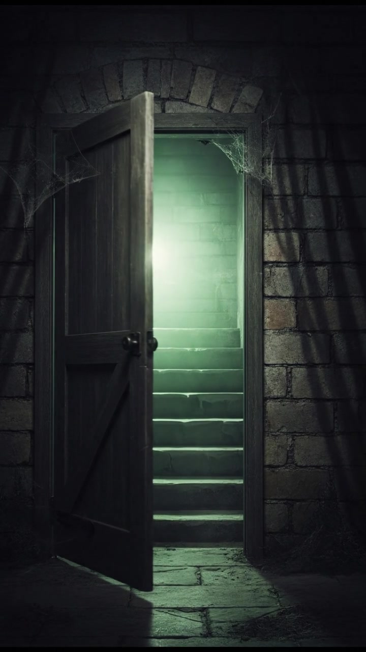 slowly opening a creaking door to a dark basement, eerie glow coming from below