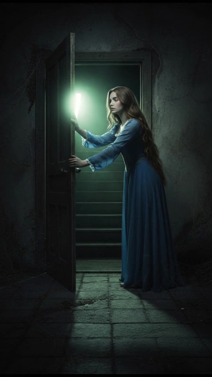 slowly opening a creaking door to a dark basement, eerie glow coming from below