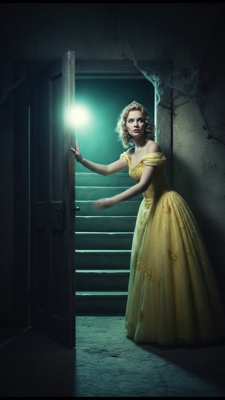 slowly opening a creaking door to a dark basement, eerie glow coming from below