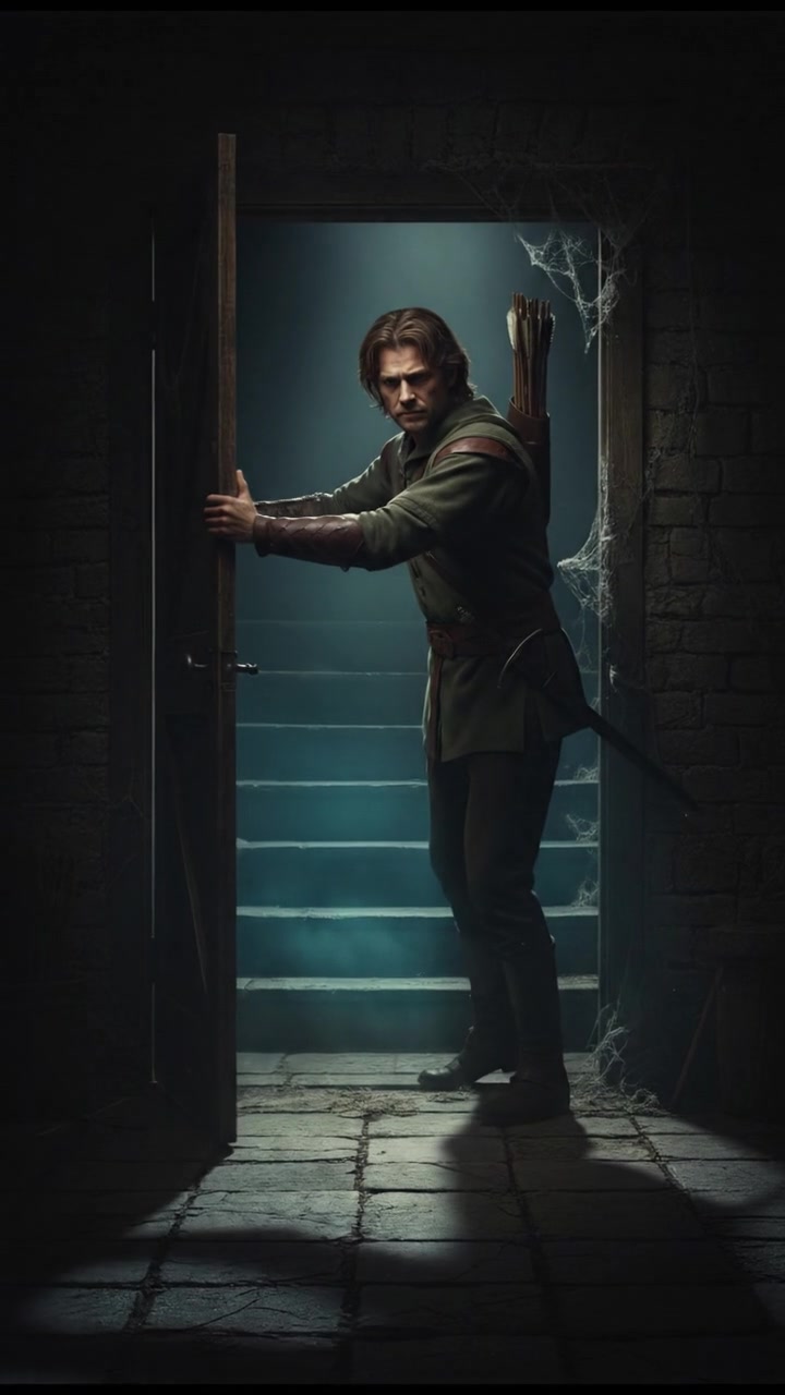 slowly opening a creaking door to a dark basement, eerie glow coming from below