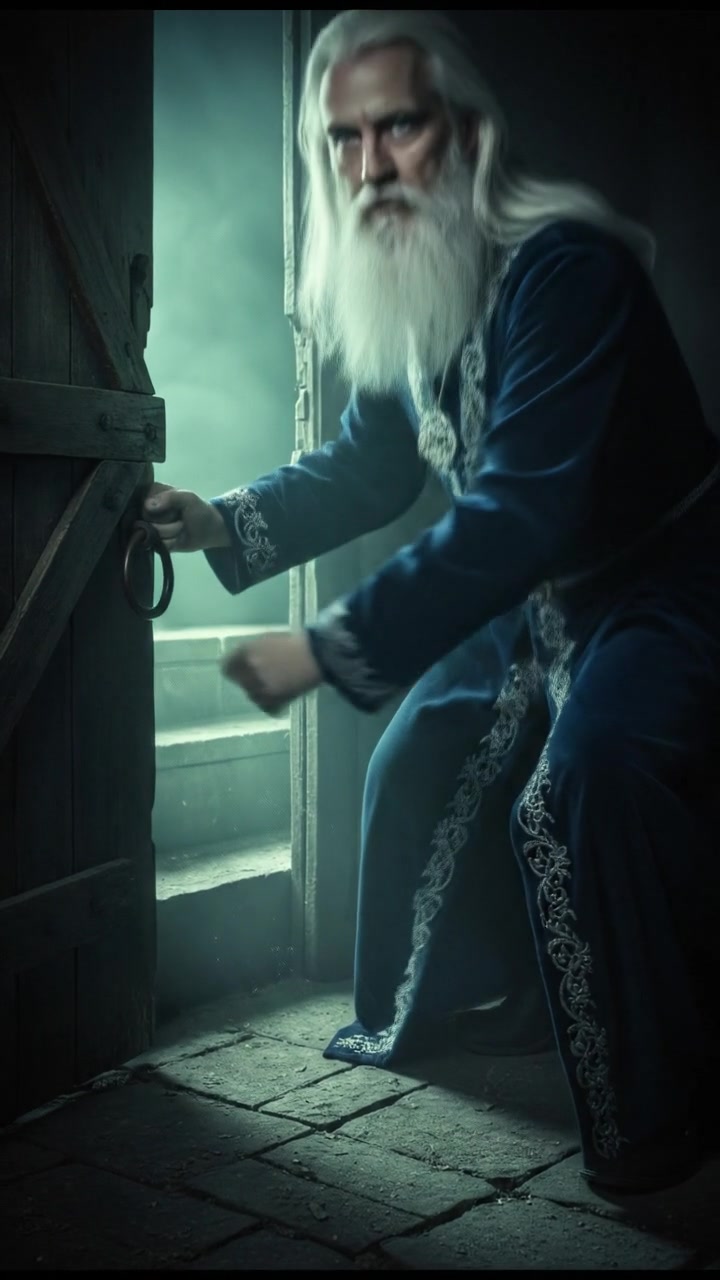 slowly opening a creaking door to a dark basement, eerie glow coming from below