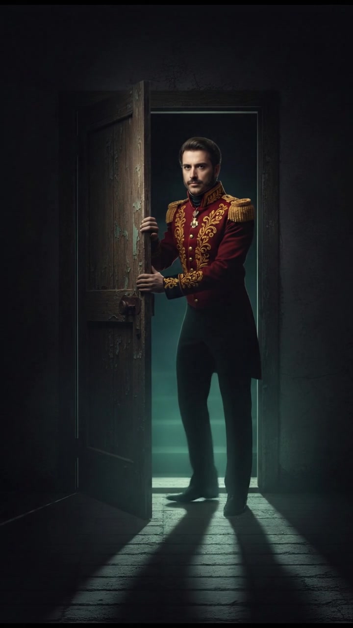 slowly opening a creaking door to a dark basement, eerie glow coming from below