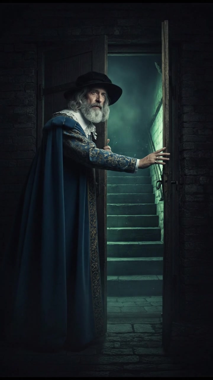 slowly opening a creaking door to a dark basement, eerie glow coming from below