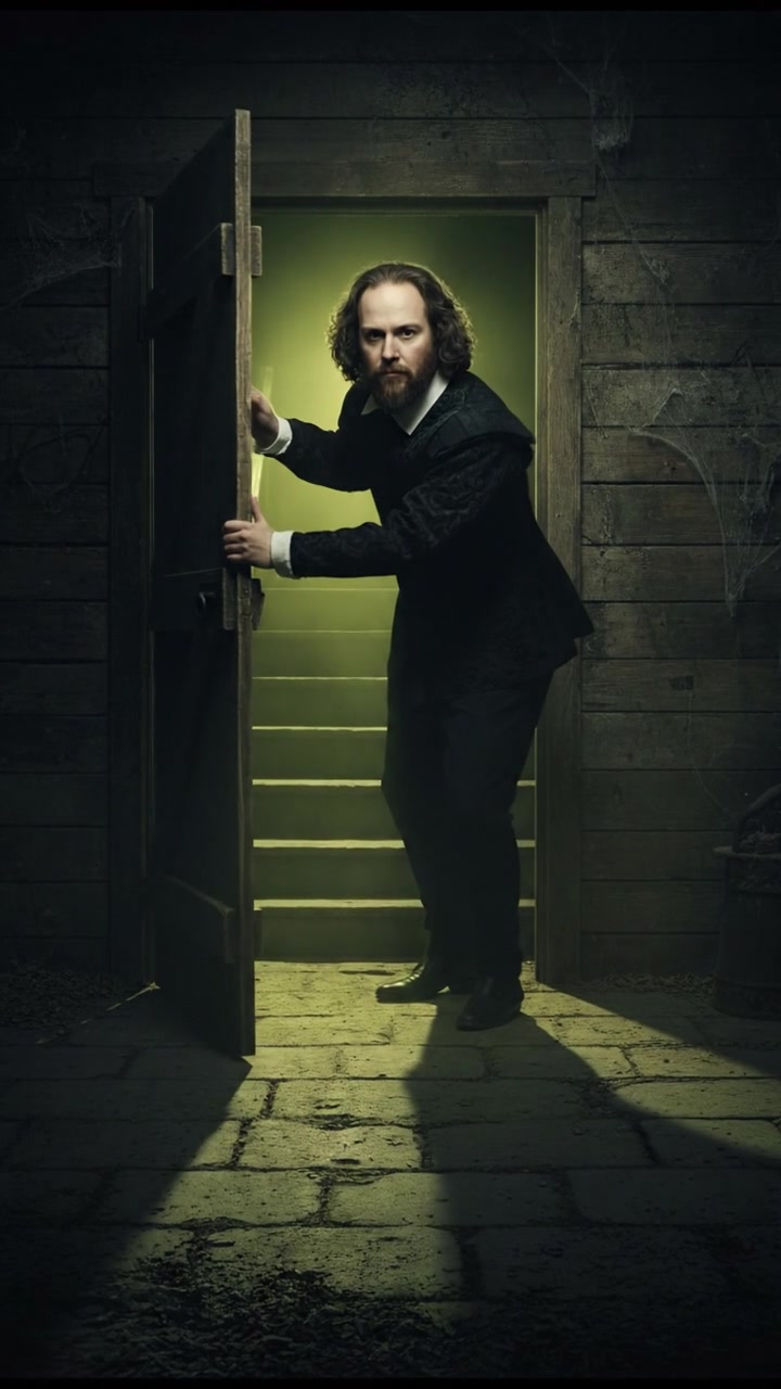 slowly opening a creaking door to a dark basement, eerie glow coming from below