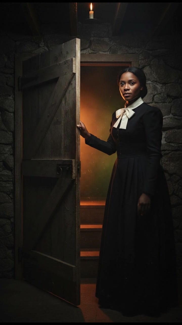 slowly opening a creaking door to a dark basement, eerie glow coming from below