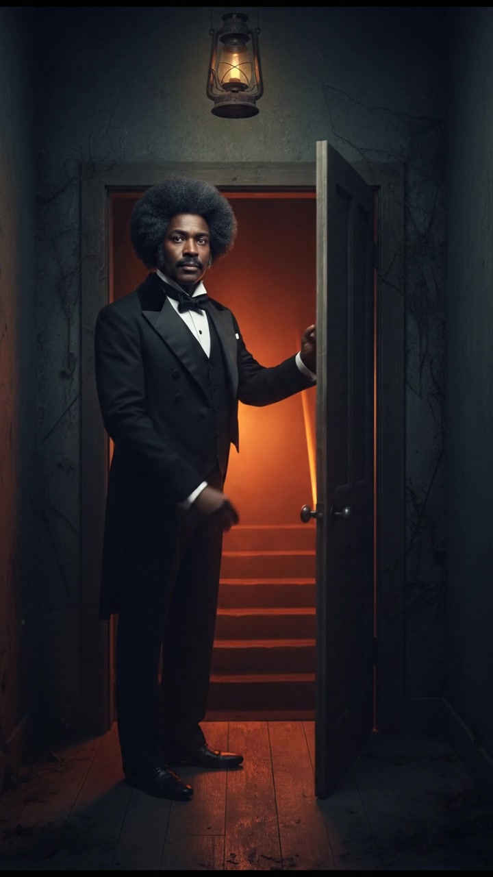 slowly opening a creaking door to a dark basement, eerie glow coming from below