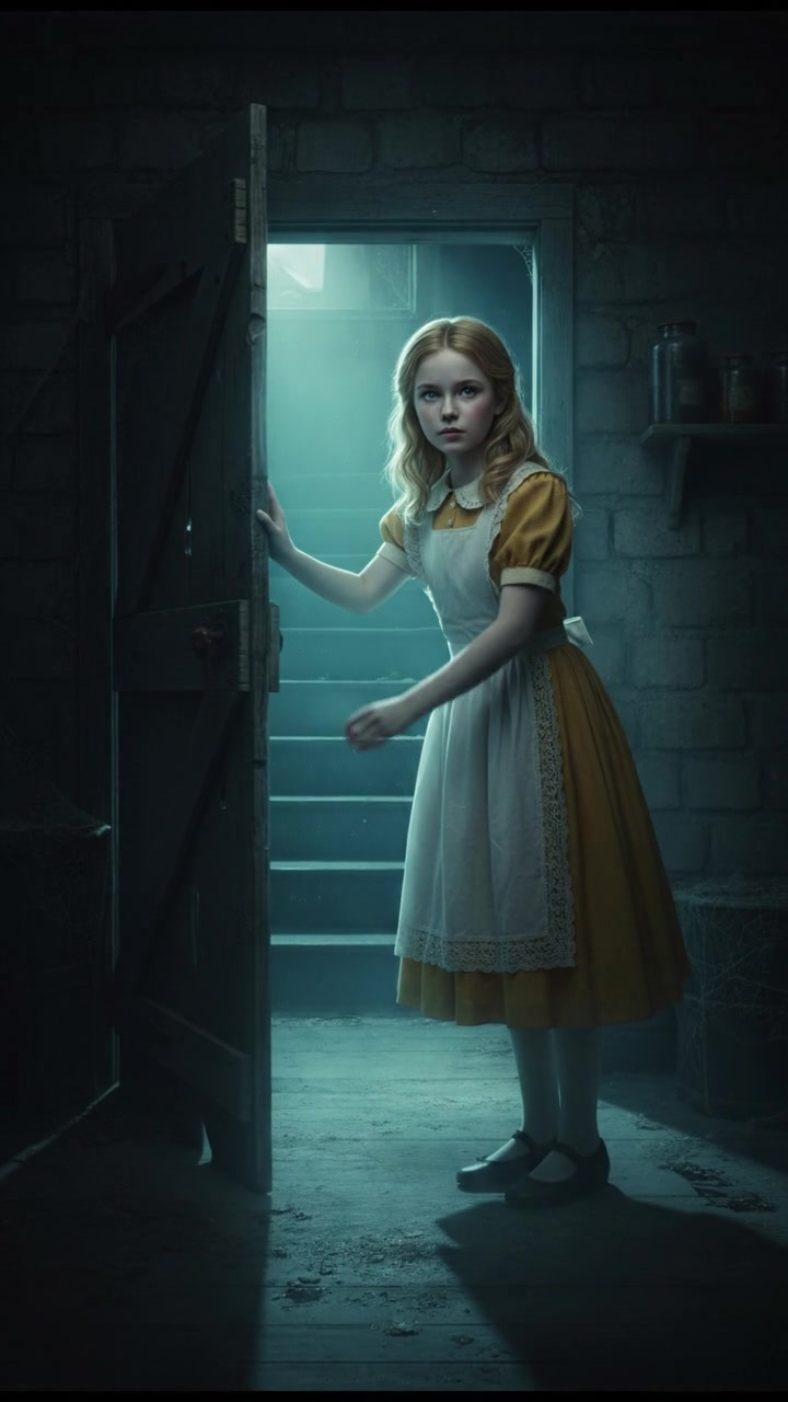 slowly opening a creaking door to a dark basement, eerie glow coming from below