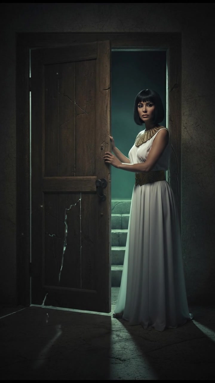 slowly opening a creaking door to a dark basement, eerie glow coming from below