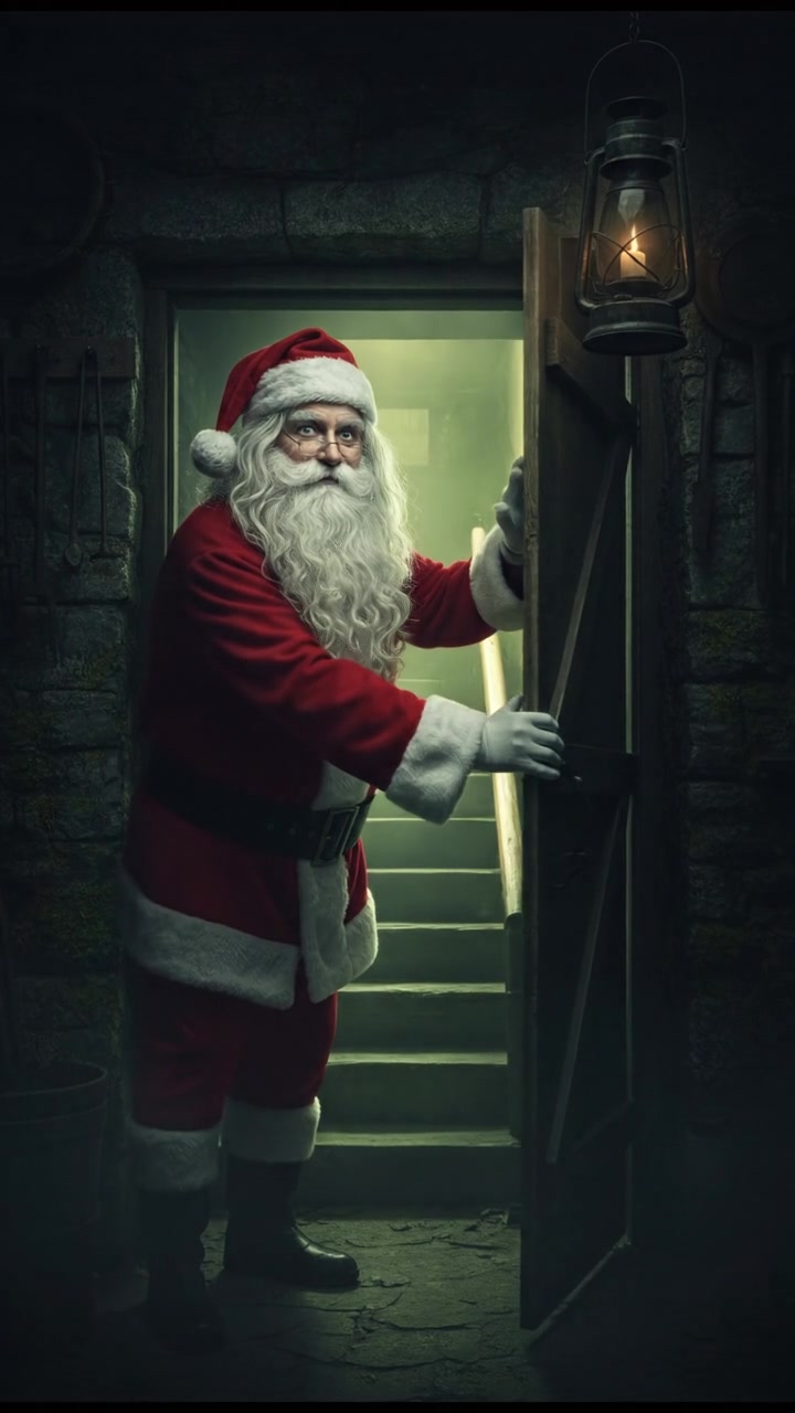 slowly opening a creaking door to a dark basement, eerie glow coming from below