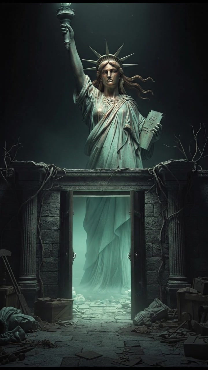 slowly opening a creaking door to a dark basement, eerie glow coming from below