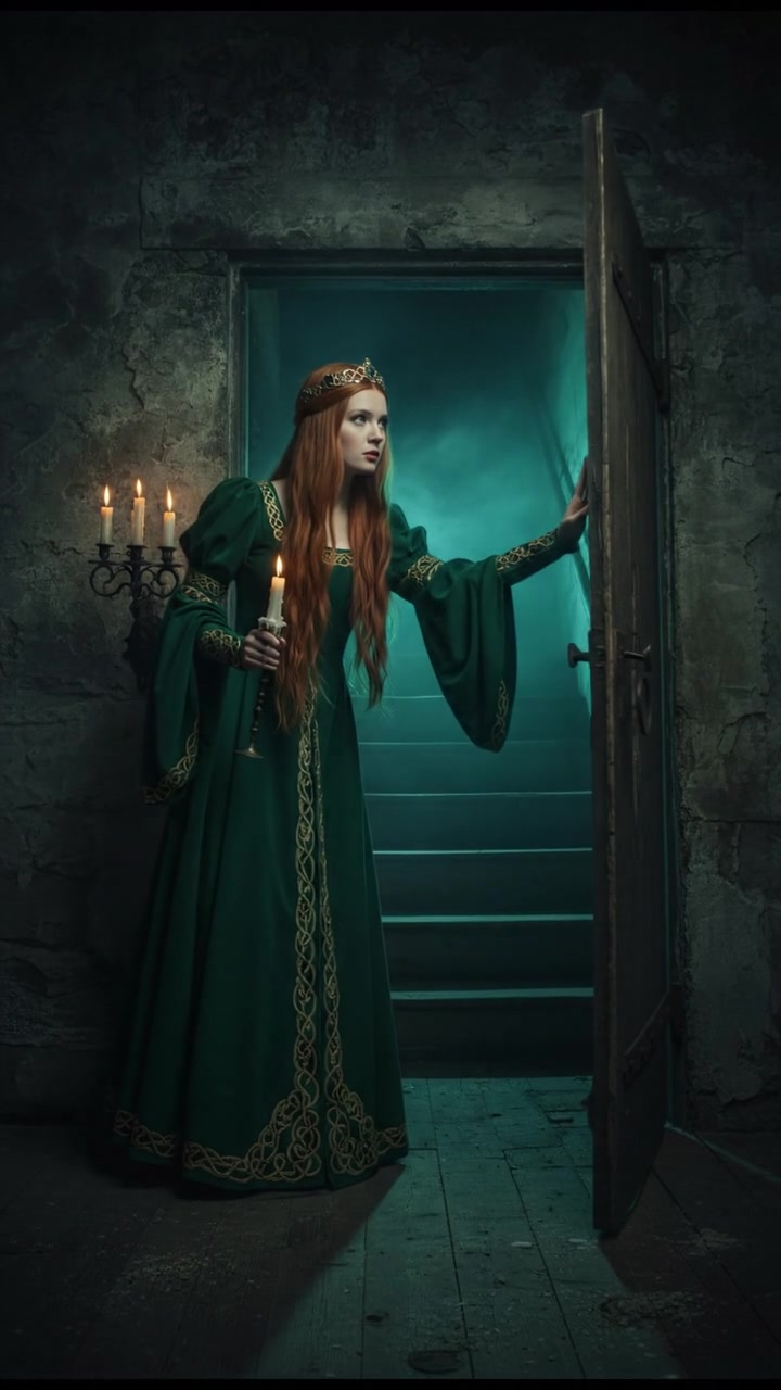 slowly opening a creaking door to a dark basement, eerie glow coming from below