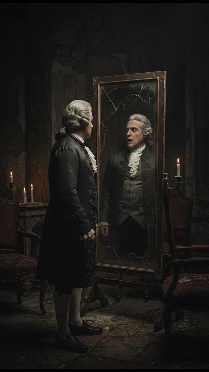 trapped in an old mirror reflection that doesn’t move the same way, unsettling expression