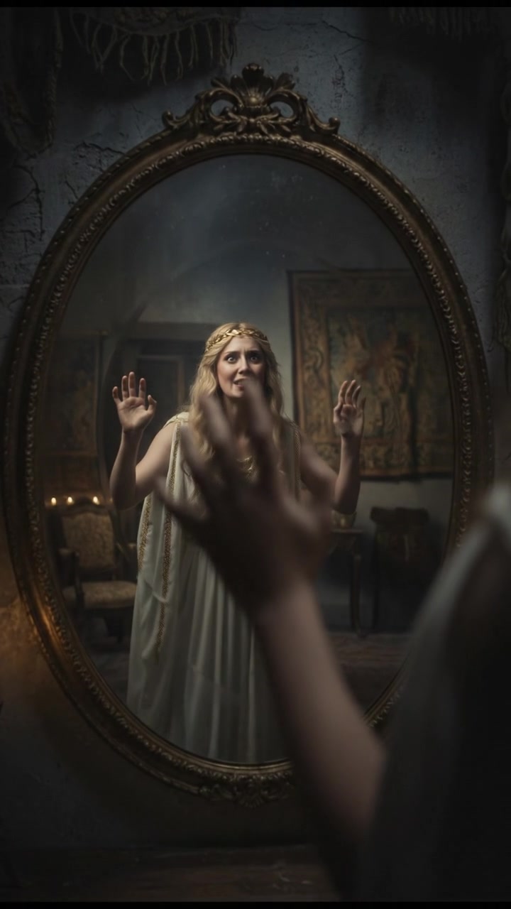 trapped in an old mirror reflection that doesn’t move the same way, unsettling expression
