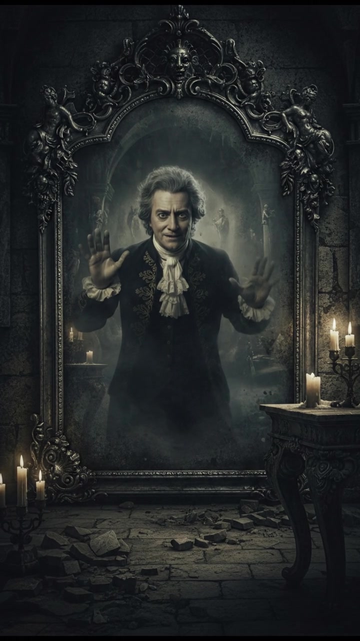 trapped in an old mirror reflection that doesn’t move the same way, unsettling expression