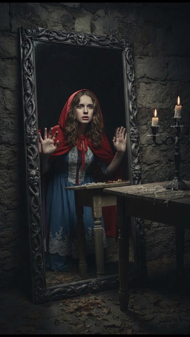trapped in an old mirror reflection that doesn’t move the same way, unsettling expression