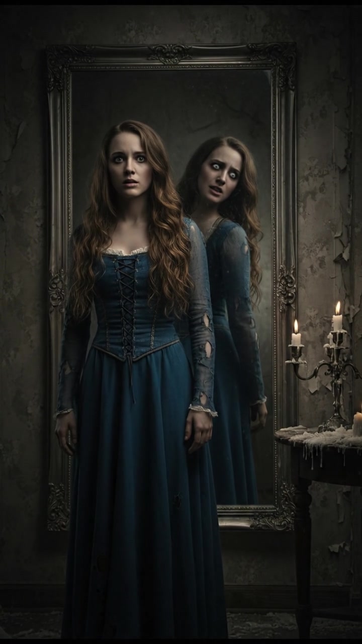trapped in an old mirror reflection that doesn’t move the same way, unsettling expression