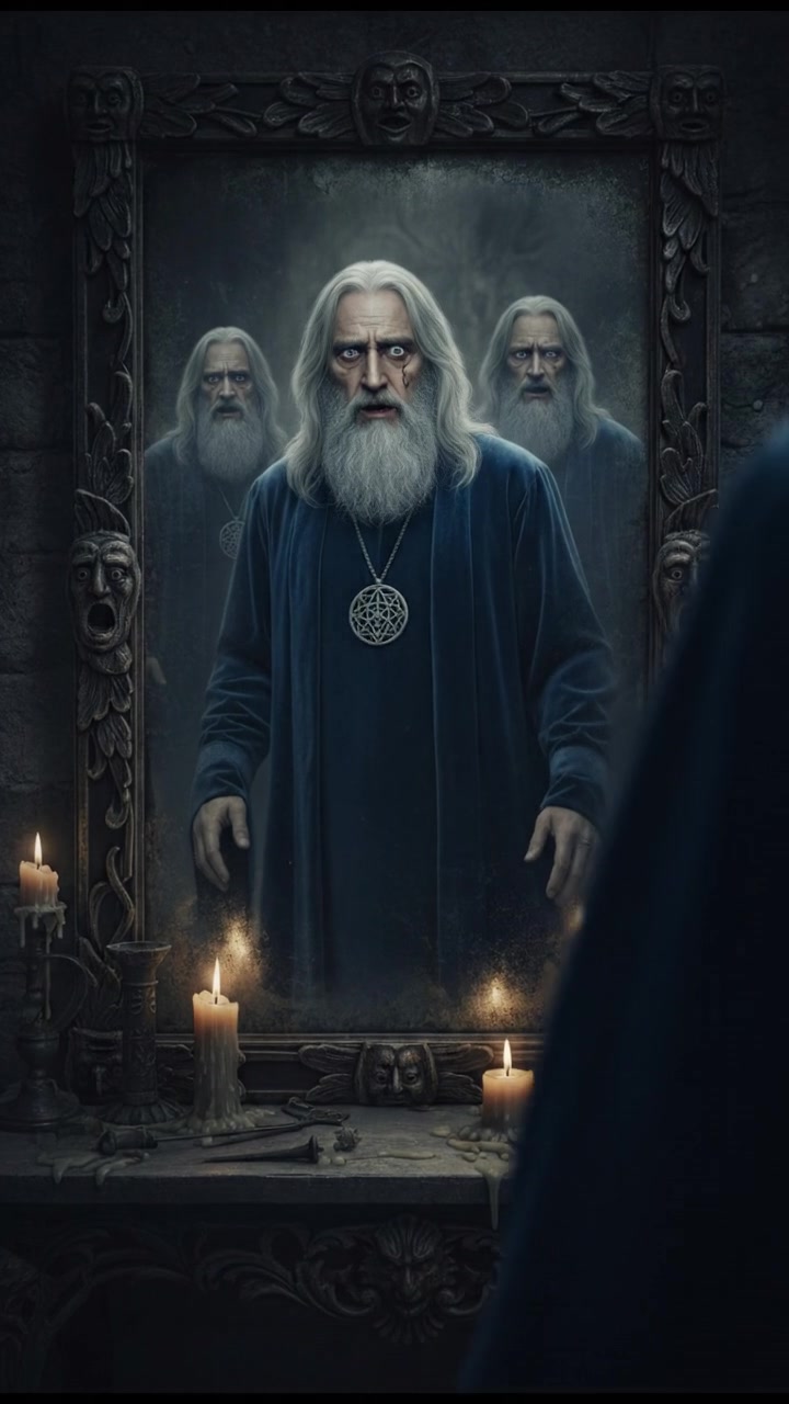 trapped in an old mirror reflection that doesn’t move the same way, unsettling expression