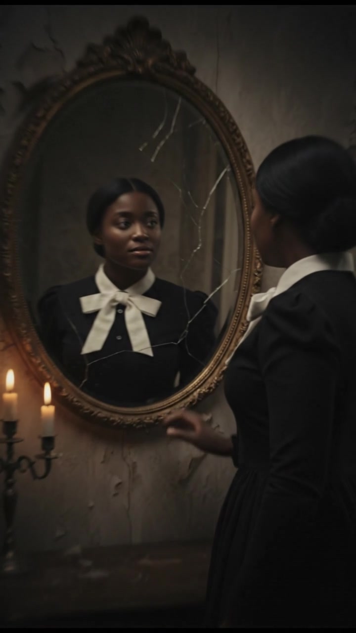 trapped in an old mirror reflection that doesn’t move the same way, unsettling expression