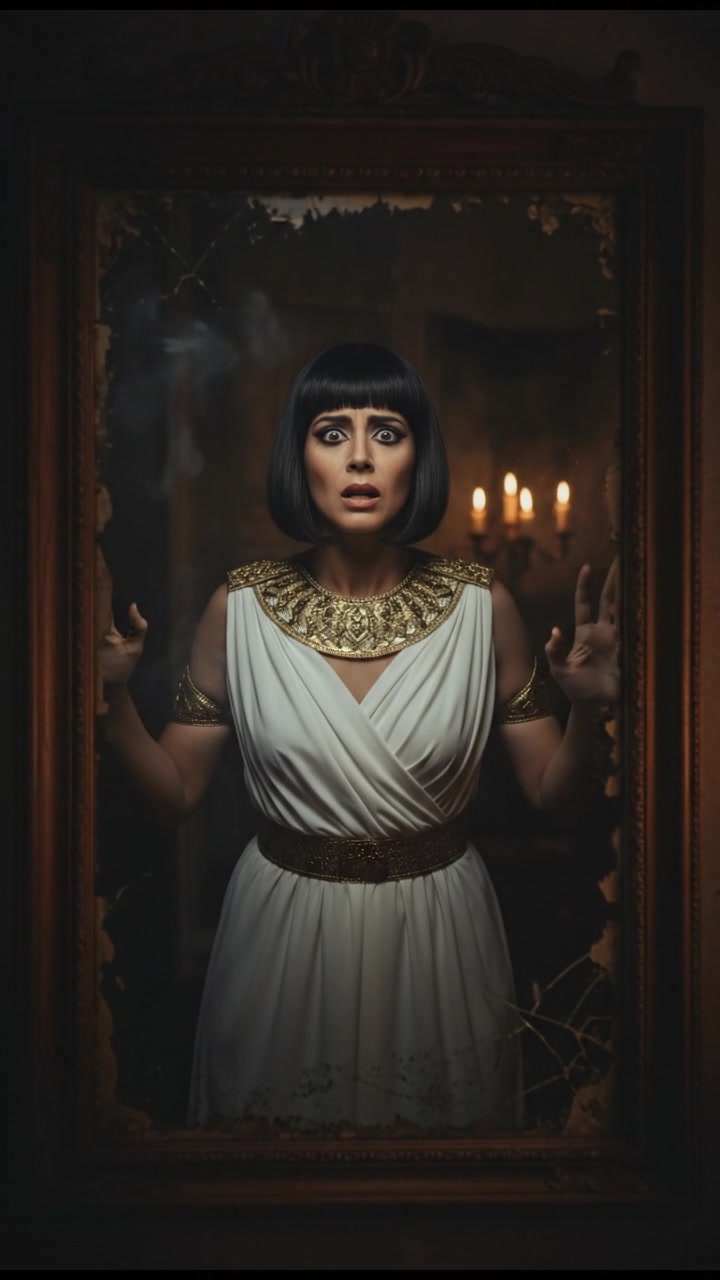 trapped in an old mirror reflection that doesn’t move the same way, unsettling expression