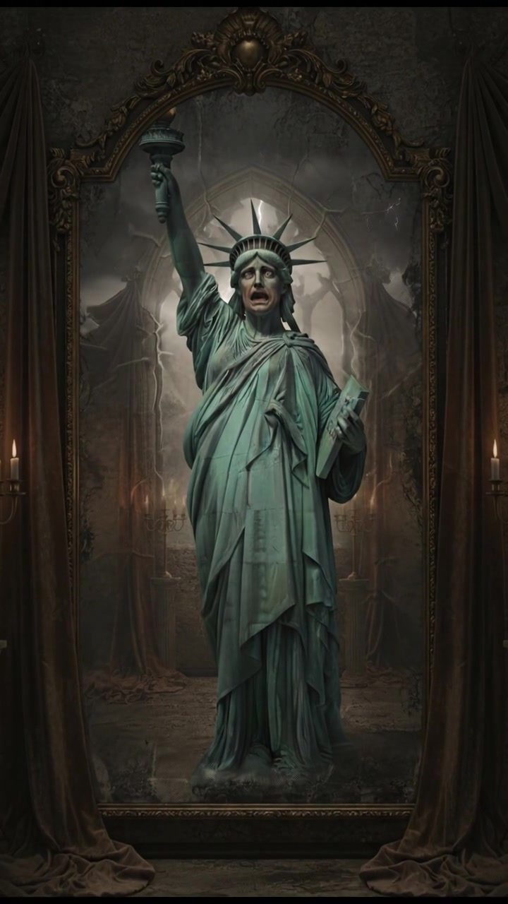 trapped in an old mirror reflection that doesn’t move the same way, unsettling expression