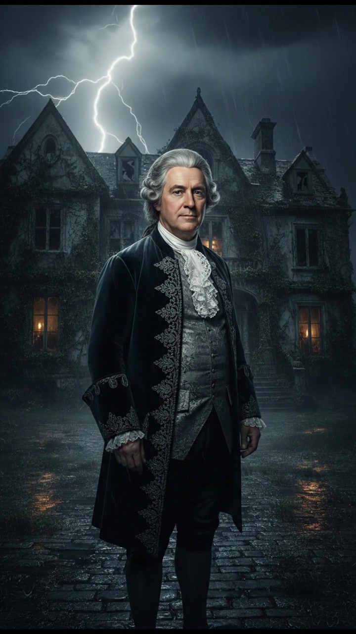 standing in front of an ancient mansion during a thunderstorm, lightning illuminating the scene