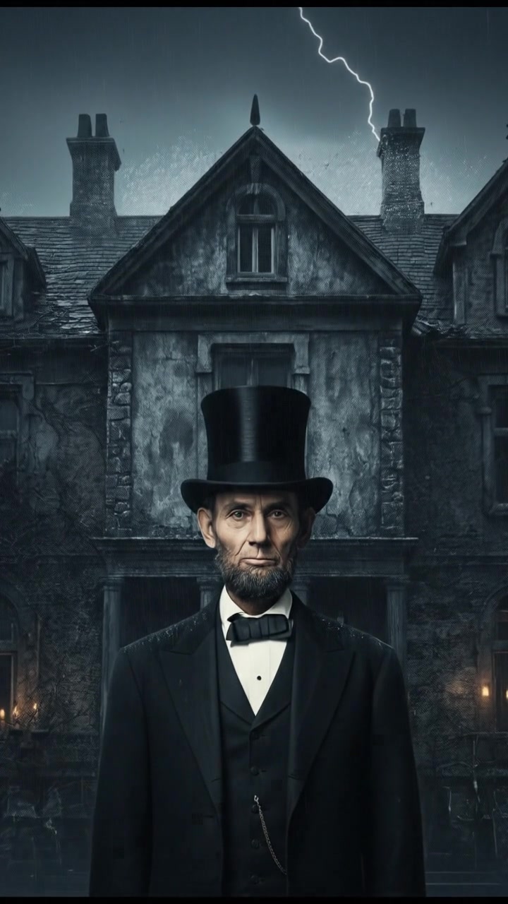 standing in front of an ancient mansion during a thunderstorm, lightning illuminating the scene