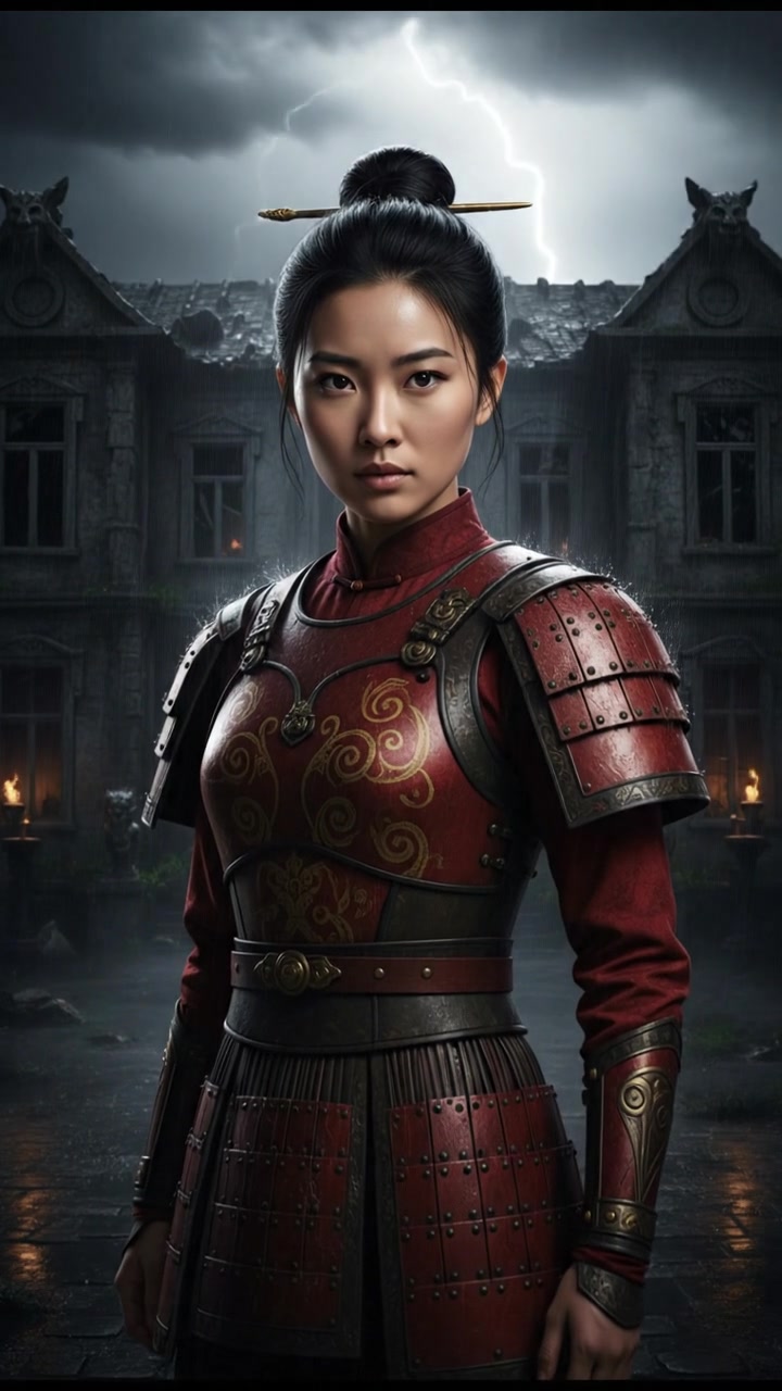 standing in front of an ancient mansion during a thunderstorm, lightning illuminating the scene