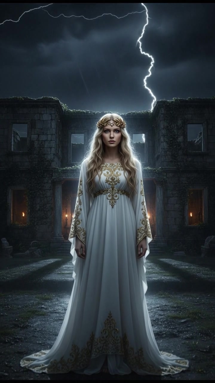 standing in front of an ancient mansion during a thunderstorm, lightning illuminating the scene