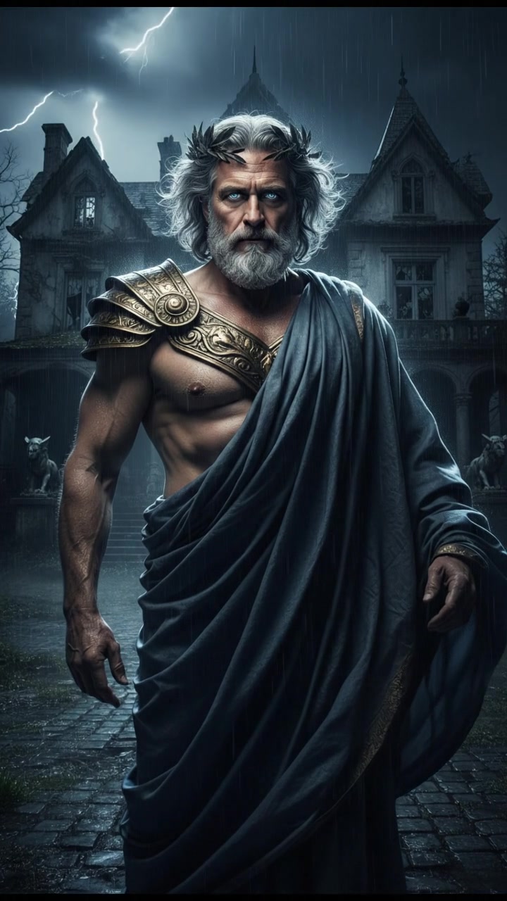 standing in front of an ancient mansion during a thunderstorm, lightning illuminating the scene