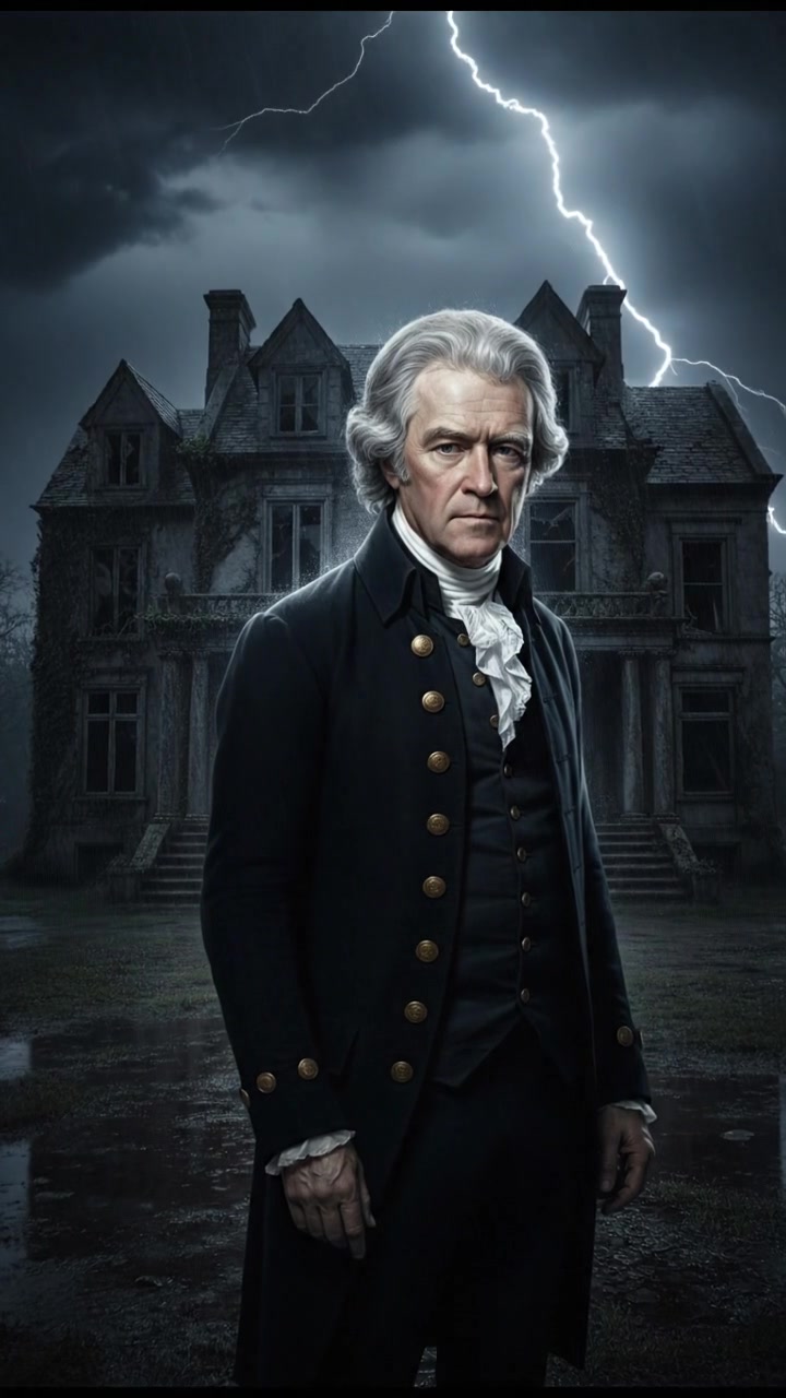 standing in front of an ancient mansion during a thunderstorm, lightning illuminating the scene