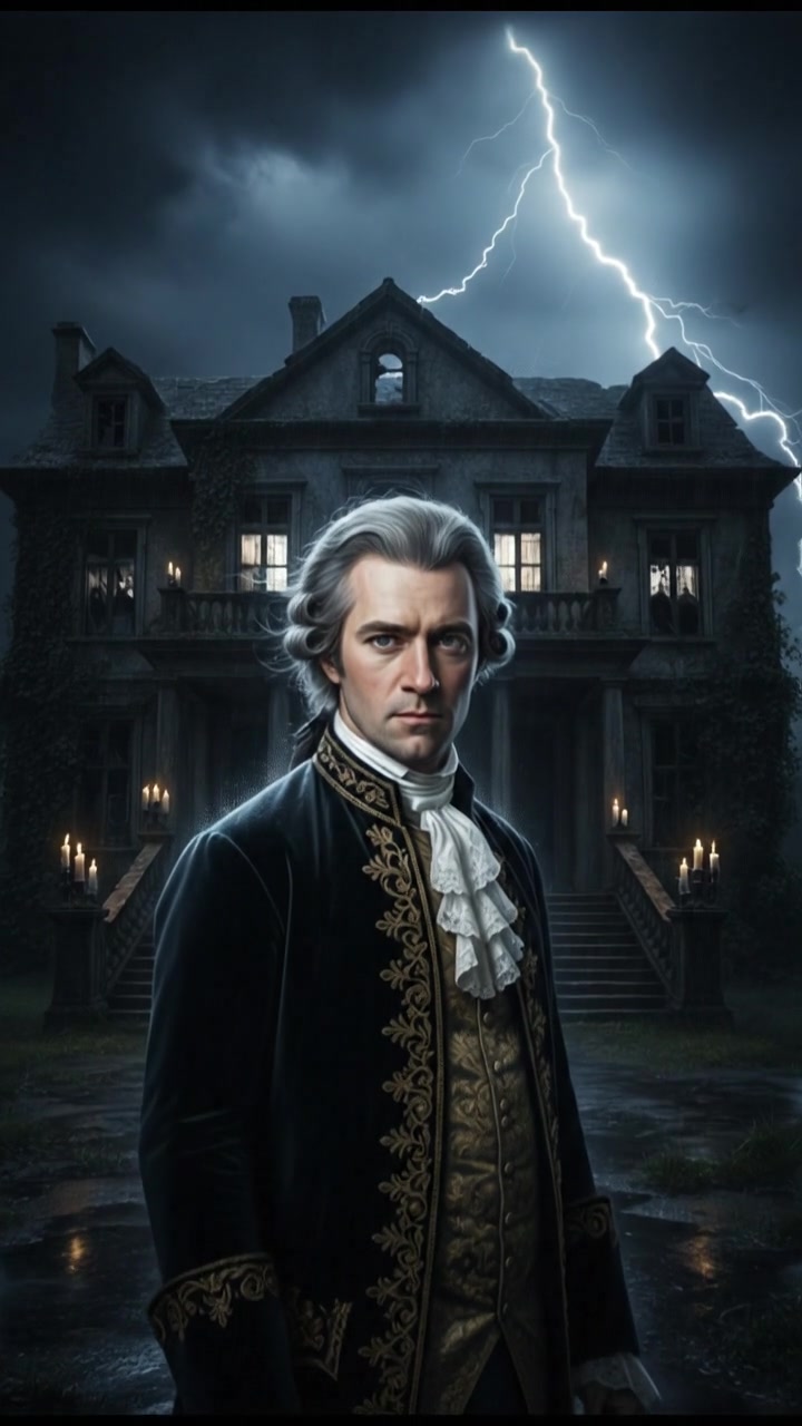 standing in front of an ancient mansion during a thunderstorm, lightning illuminating the scene