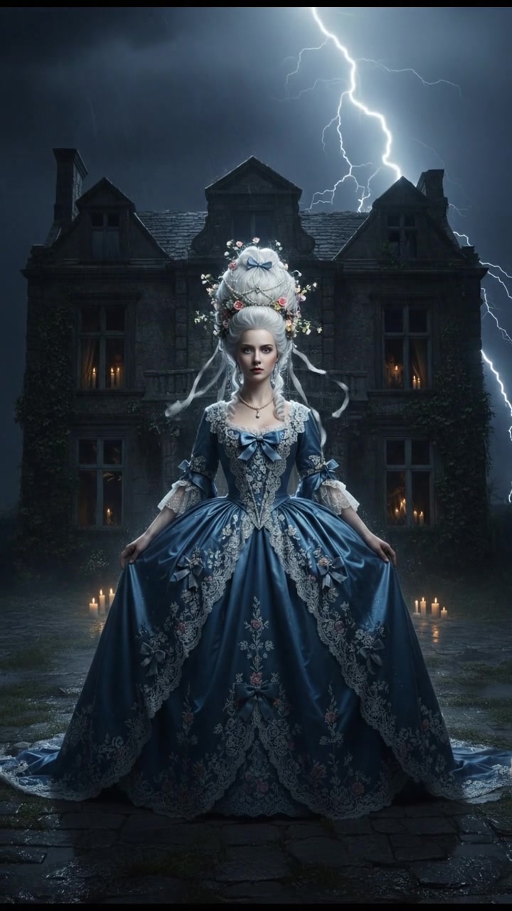 standing in front of an ancient mansion during a thunderstorm, lightning illuminating the scene