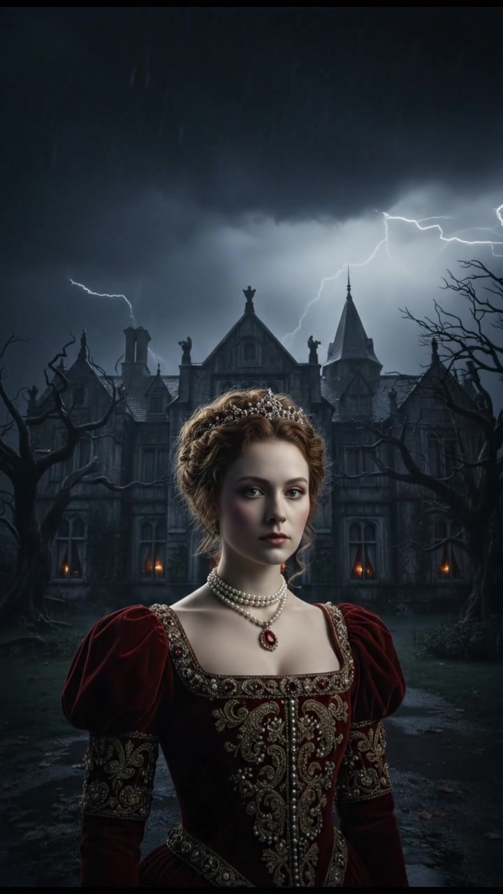 standing in front of an ancient mansion during a thunderstorm, lightning illuminating the scene