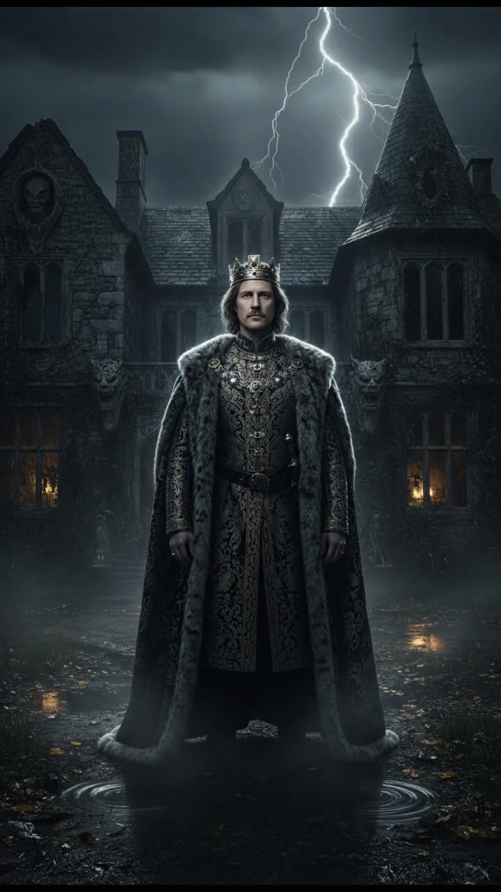 standing in front of an ancient mansion during a thunderstorm, lightning illuminating the scene