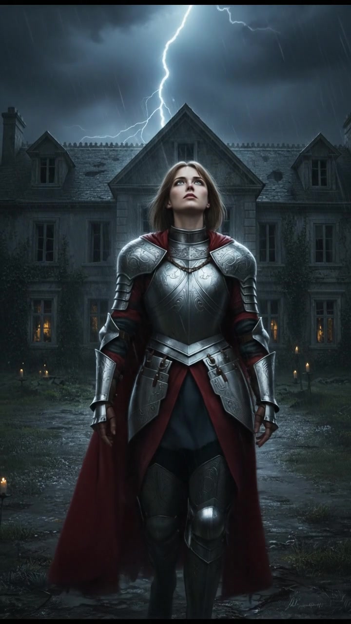 standing in front of an ancient mansion during a thunderstorm, lightning illuminating the scene