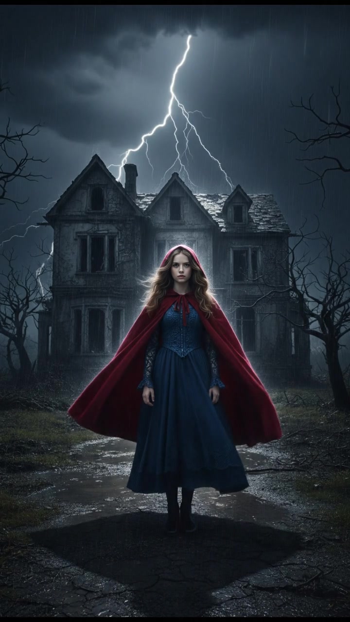 standing in front of an ancient mansion during a thunderstorm, lightning illuminating the scene