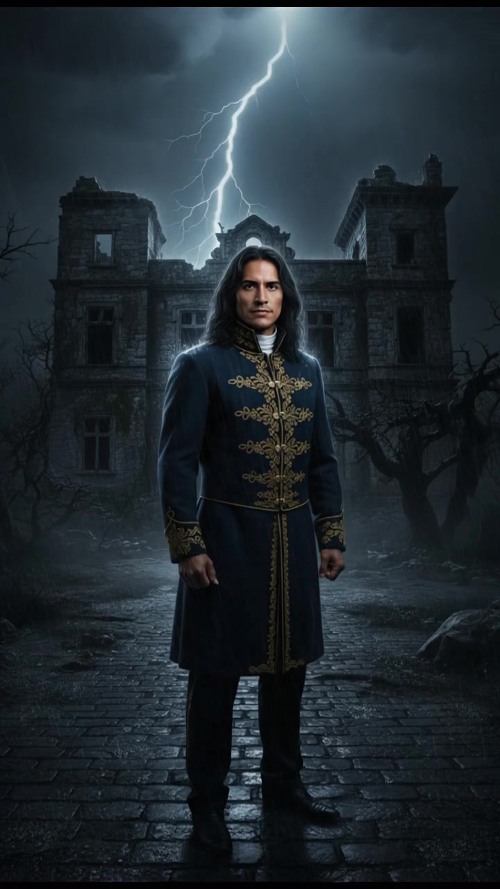 standing in front of an ancient mansion during a thunderstorm, lightning illuminating the scene