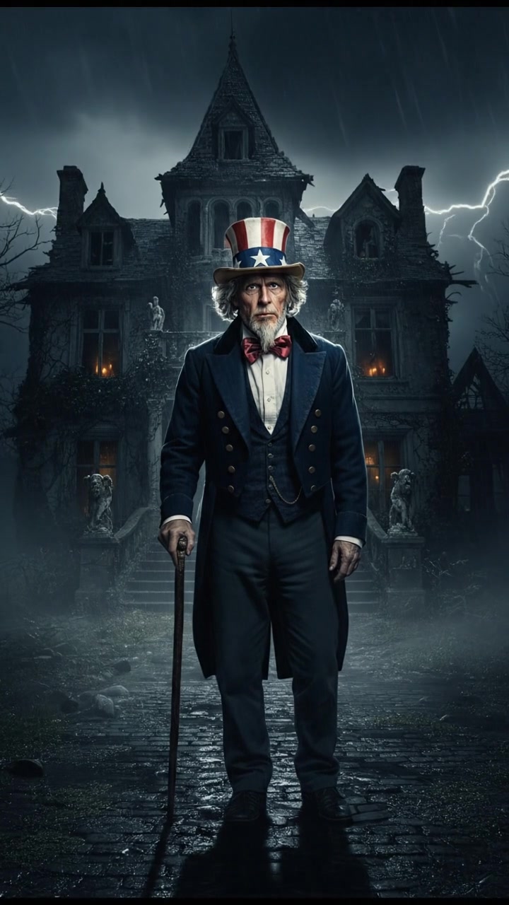 standing in front of an ancient mansion during a thunderstorm, lightning illuminating the scene