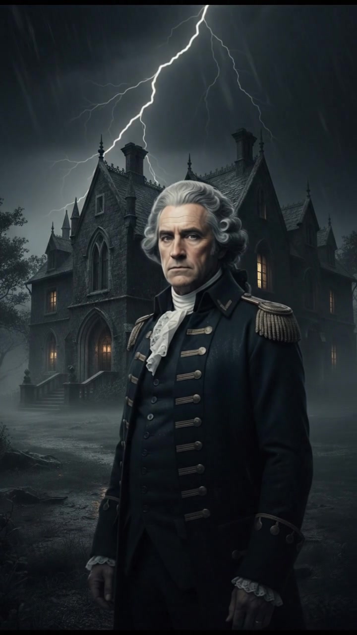 standing in front of an ancient mansion during a thunderstorm, lightning illuminating the scene