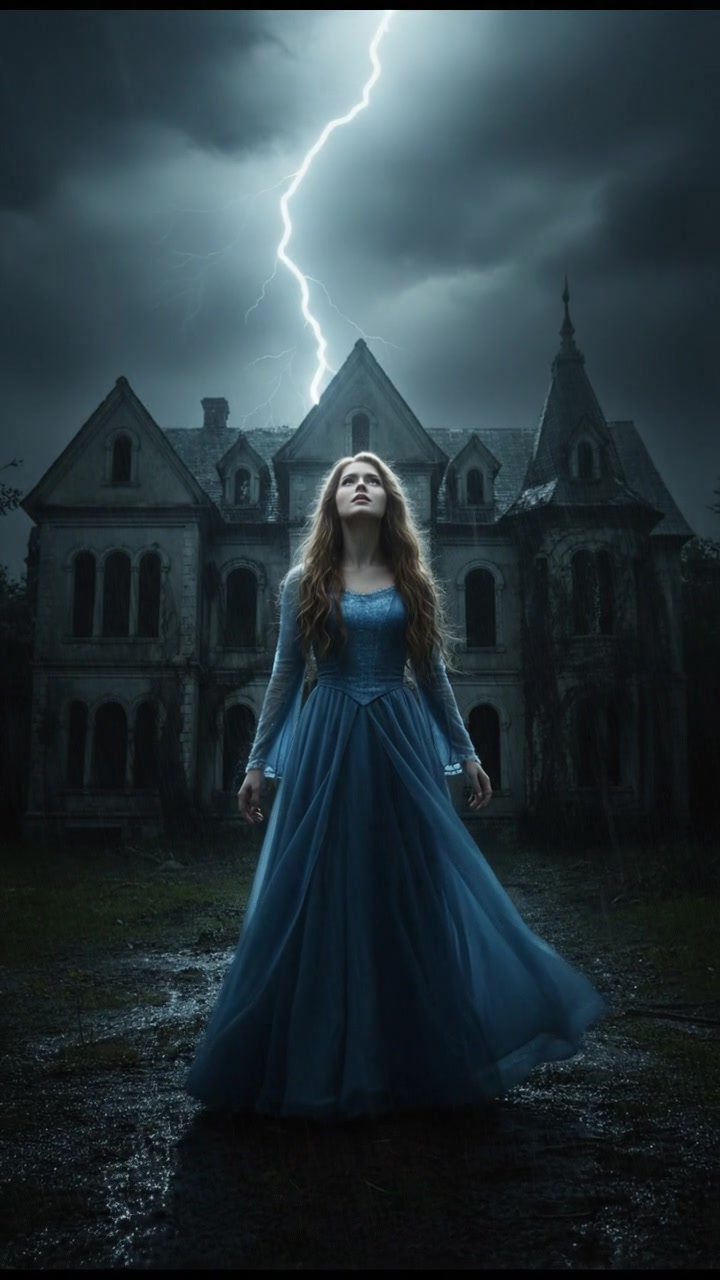 standing in front of an ancient mansion during a thunderstorm, lightning illuminating the scene