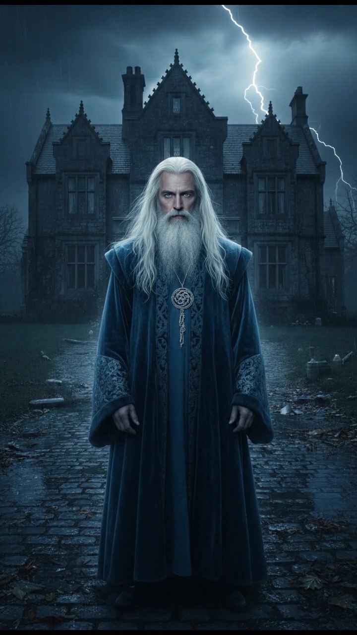 standing in front of an ancient mansion during a thunderstorm, lightning illuminating the scene