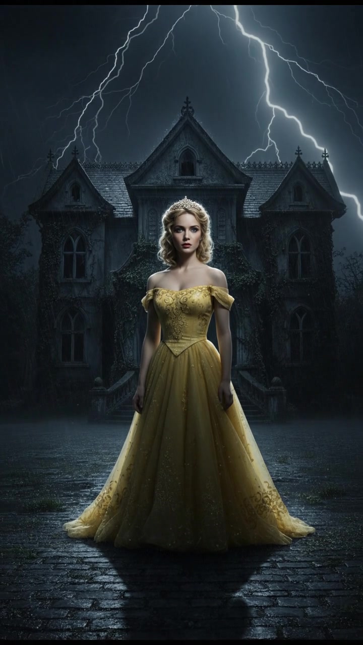 standing in front of an ancient mansion during a thunderstorm, lightning illuminating the scene