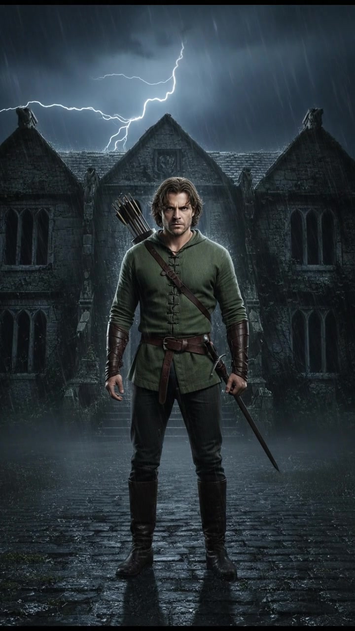 standing in front of an ancient mansion during a thunderstorm, lightning illuminating the scene