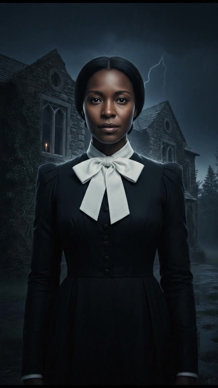 standing in front of an ancient mansion during a thunderstorm, lightning illuminating the scene